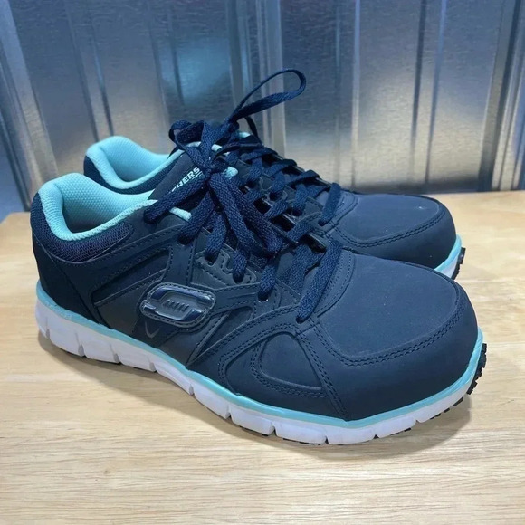 Skechers Flex‎ Sole Work Sneakers Blue 8.5 Alloy Toe - Picture 1 of 9